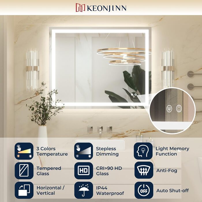 Дзеркало для ванної кімнати Keonjinn з підсвічуванням 50x70 см, без запотівання, LED, сенсорне керування, 3 кольори, регулювання яскравості, пам'ять, без рамки