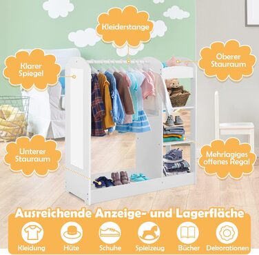 Дитяча шафа DREAMADE з дзеркалом та штангою для одягу, з 4 відкритими полицями, 93,5x38x100 см (Біла)