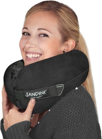 Звичайний розмір SANDINI TravelFix - подушка преміум-класу з мікрофібри європейського виробництва / подушка для шиї з ергономічною функцією підтримки-безкоштовна сумка для перенесення з затискачем для кріплення(плюшевий чорний)