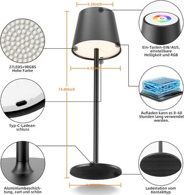 Бездротова LED лампа настільна з регулюванням яскравості, акумуляторна, тепле світло 3000K+RGB, водонепроникна (IP54), з алюмінію, для ресторану, спальні, бару, набір 3 шт. (Чорний)