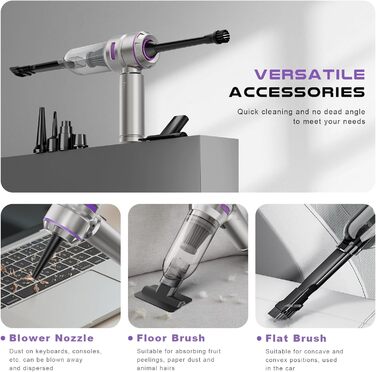 Акумуляторний ручний пилосос KITBEZN 26000Па, бездротовий міні-пилосос 4-в-1 з безщітковим двигуном для авто, дому, диванів та шерсті тварин (Фіолетовий)