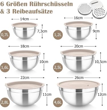 Набір салатниць TEAMFAR 6 шт. з нержавіючої сталі з кришками та силіконовими ніжками, 0,7L / 1,5L / 1,6L / 2,5L / 2,8L / 4,6L, багатофункціональний, для миття в посудомийній машині, з терками