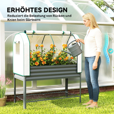 Підвищена грядка з тепличною кришкою з металу, ящик для вирощування рослин з парником та полицею, висота 120 x 55 x 140 см