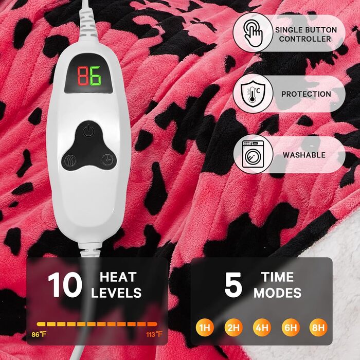 Електрична гріюча ковдра з принтом корови, повний розмір, 183 x 213 см, фіолетова, 10 режимів нагріву, автовимкнення через 8 годин, декор з гірської породи худоби, фліс, шерпа, тепла