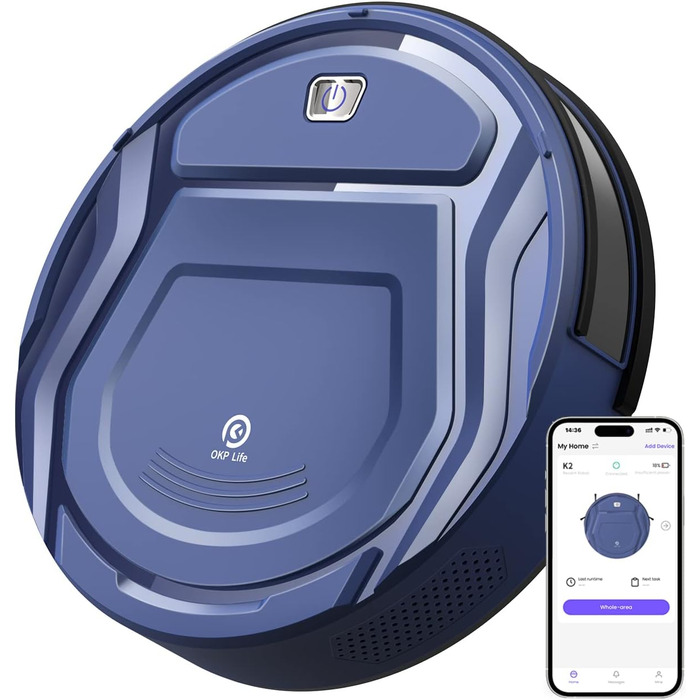 Робот-пилосос OKP 2100Pa з Wi-Fi, суперобладна модель з керуванням через додаток та голосовим керуванням Alexa. Час роботи до 100 хвилин, самостійне заряджання, тиха робота, підходить для прибирання шерсті тварин, підлоги та килимів. Модель K2