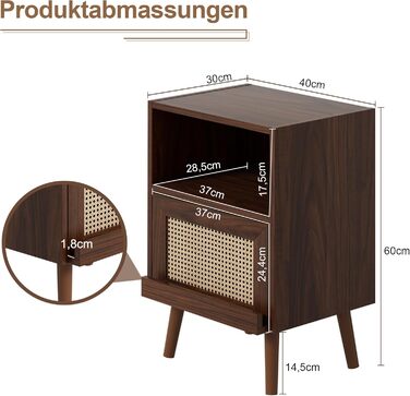 Набір з 2 приліжкових тумбочок з дерева та ротанга, 40x30x60см, коричневий дуб, журнальний столик для вітальні та спальні