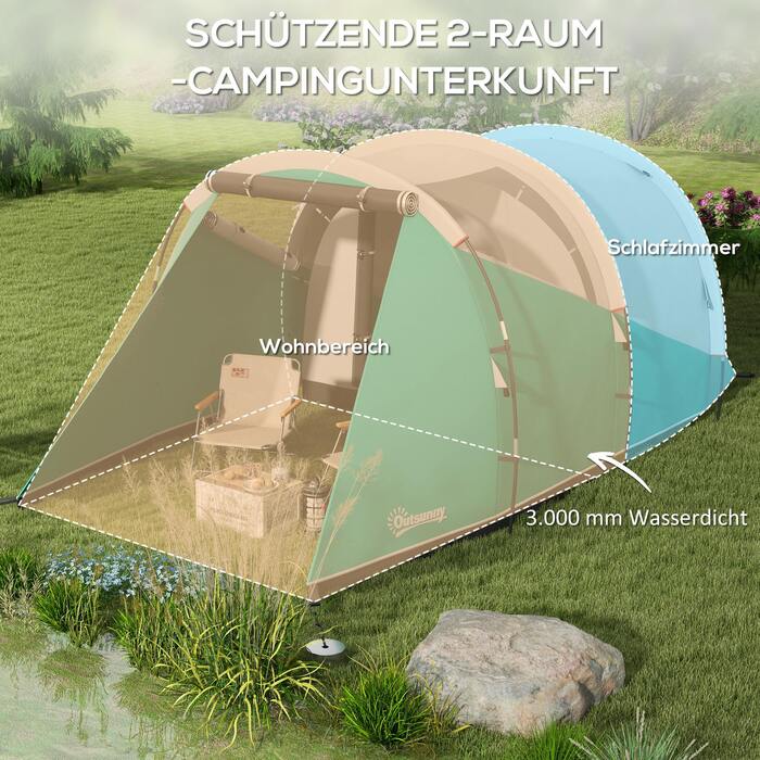 Намет Outsunny Tunnel Camping Tent для 5 осіб Сімейний намет з 2 кімнатами та сумкою для перенесення 3000 мм водяний стовп у зеленому кольорі для саду