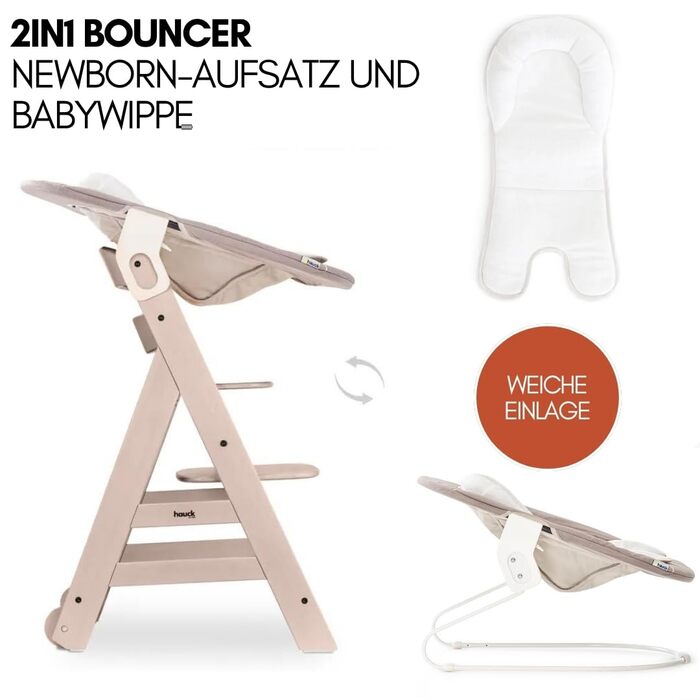 Високий стільчик для годування Hauck Beta+ Newborn Set - комплект для новонароджених, від народження з 2-в-1 функцією гойдалки, подушкою для сидіння та підносом для їжі (Whitewashed)