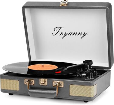 Вініловий програвач Trynnay 3-швидкісний Bluetooth у ретро-валізі з вбудованими динаміками, покриття з PU-шкіри, покращений звук, сірий