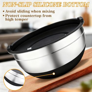 Набір міксерів Unokit з кришкою, 7 шт. з нержавіючої сталі з 3 тертками, антиковзаюча силіконова основа, набір міксерів, об'єм 4.5, 4, 3.5, 2.1, 1.5, 1.1, 0.7 Qt для змішування, подачі