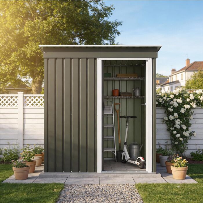 Металевий сарай для інструментів Devoko 96x98x160 см з похилим дахом, сталевий, стійкий до іржі, з рукавичками, замком, для двору, тераси, газону (сірий, S)