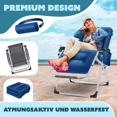 Шезлонг KESSER® для саду, широке крісло, водостійкий, вантажопідйомність 200 кг, ергономічна подушка, регульована спинка, підголовник, тримач для напоїв, підлокітники та бічна кишеня (без сонцезахисного даху), колір: темно-синій