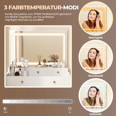 Трюмо COMHOMA з підсвічуванням, дзеркалом та прихованою LED-смугою, зі стільцем та 5 висувними ящиками, з розеткою, 3 колірні температури та регульована яскравість, білий