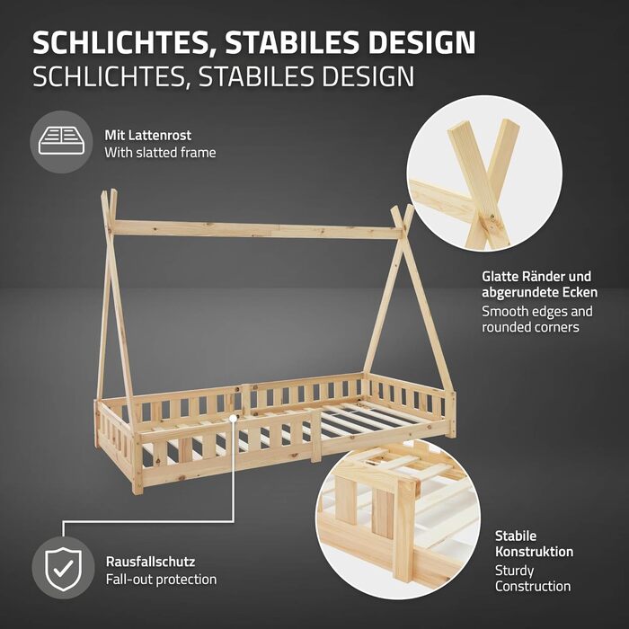 Дитяче ліжко-халапа Tipi ML-Design біле з бортиками та ламелями, з сосни, індіанське ліжко для дівчаток та хлопчиків, ліжко-будиночок з огорожею, ліжко-ігровий будиночок для дітей (90x200 см з матрацом (H: 16 см), натуральне дерево)