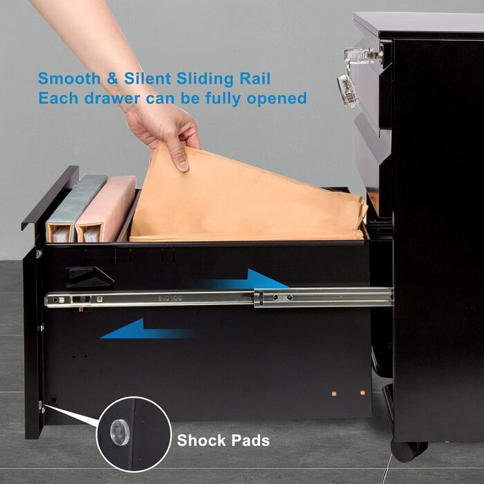 Роликовий контейнер DeHong з металу, мобільний офісний шафка з 3 висувними ящиками, офісний контейнер, з можливістю замка та регульованими паперовими відсіками, збірно-розбірний, для офісу, дому (J-чорний)