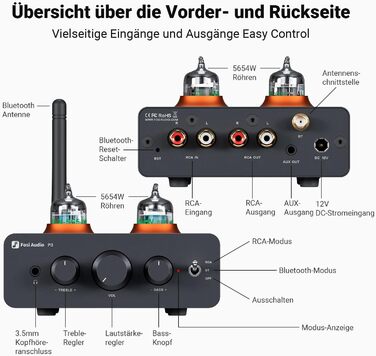 Трубчастий передпідсилювач Fosi Audio P3 Hi-Fi, міні-підсилювач і підсилювач для навушників, Bluetooth 5.1, регулювання низьких і високих частот