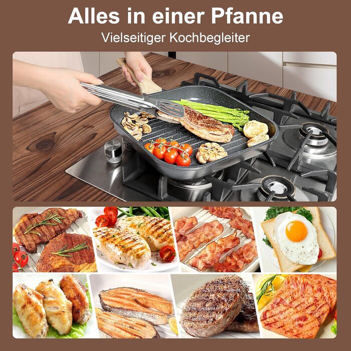 Сковорода-гриль GiPP 28x28 см, сковорода для стейків, індукційна, алюмонієвий литний матеріал з гранітно-антипригарним покриттям, 100% без PFOA, підходить для всіх типів плит, легко миється, білий колір