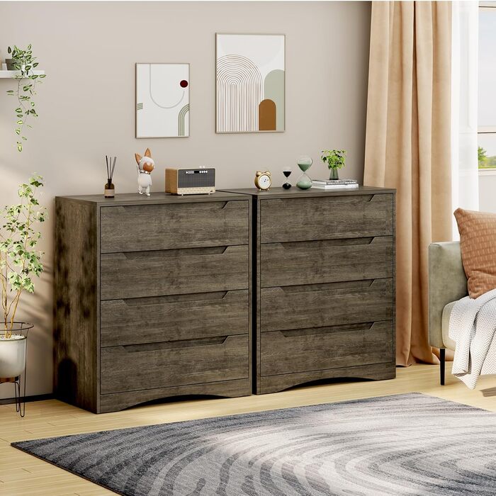 Комод Bealife для спальні з 4 великими шухлядами, шафа з шухлядами з вирізаними ручками та блокуванням від перекидання, ідеальний для вітальні, офісу (темно-сірий)