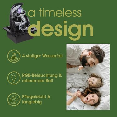 Настільний фонтан BMF-VERSAND® з RGB підсвічуванням та обертовою скляною кулею – декоративна лампа з RGB LED, кімнатний фонтан з підсвічуванням, сірий колір, куля, 4 ступені