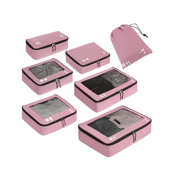 Набір органайзерів для подорожей ECOHUB (7 шт), дорожні компресійні сумки з переробленого PET, рожеві