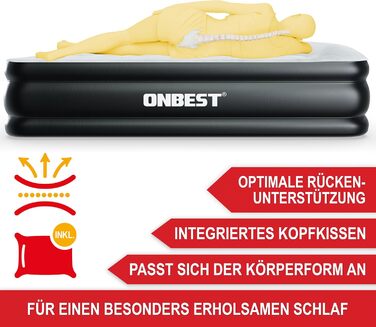 Надувне ліжко самостійно надувне – для 2 осіб – 203 x 152 x 46 см – з електричним насосом – надувне ліжко для гостей за 3-5 хвилин – вбудована подушка (Чорний)