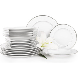 Комбінований набір посуду на 6 персон Сучасний набір тарілок 18 предметів Столовий сервіз - Столовий сервіз та набори посуду - Комбінований обідній сервіз на 6 персон - Сімейний сервіз - Білий посуд (New Hollis Platinum, 18 предметів)