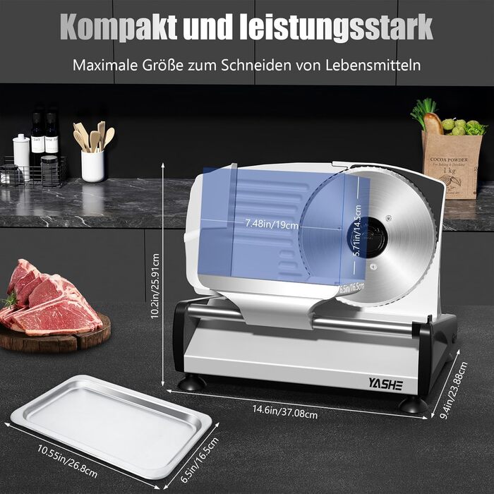 Електричний слайсер YASHE 200W з нержавіючою сталлю, 19 см, регулювання товщини 0-15 мм, для м'яса, сиру, хліба та овочів