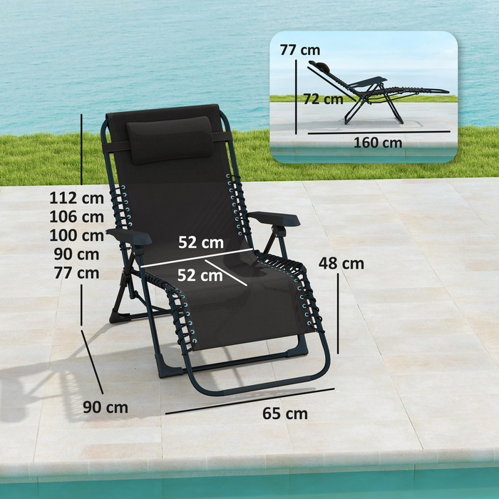 Зручний розкладний шезлонг для саду з підголовником, спинка регулюється в 5 положеннях, витримує до 120 кг, колір чорний