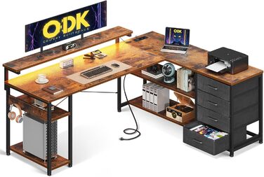 Кутовий письмовий стіл ODK з шухлядами, LED-підсвіткою, розетками та USB,  вінтажно- коричневий 155×110 см, для домашнього офісу