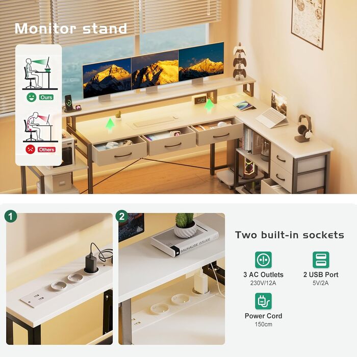 Кутовий стіл з ящиками, геймінговий стіл з розеткою, LED та підставка для монітора, 200 x 146 см, 7 тканинних ящиків, комп'ютерний стіл для офісу, робочого кабінету, спальні (Білий)