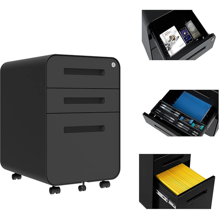 Роликовий контейнер DeHong з металу, мобільний офісний шафчик з 3 висувними ящиками, офісний контейнер, з можливістю замка та регульованих папок, збірно-розбірний, для офісу, дому, чорний