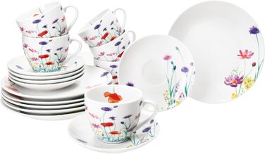 MamboCat Marie - 18-Piece Coffee Set | Porcelain Dinnerware with Floral Decor for 6 People | 6 Cups (190ml), Saucers & Plates for Breakfast & Coffee
