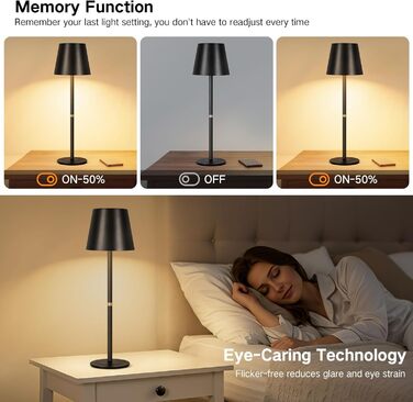 LED-лампа настільна OUTON 2 шт. бездротова з LED-індикатором, сенсорне керування, 3 колірні температури, USB-C зарядка, IP54 водостійкість, 30 годин роботи – для дому та на подарунок, чорний