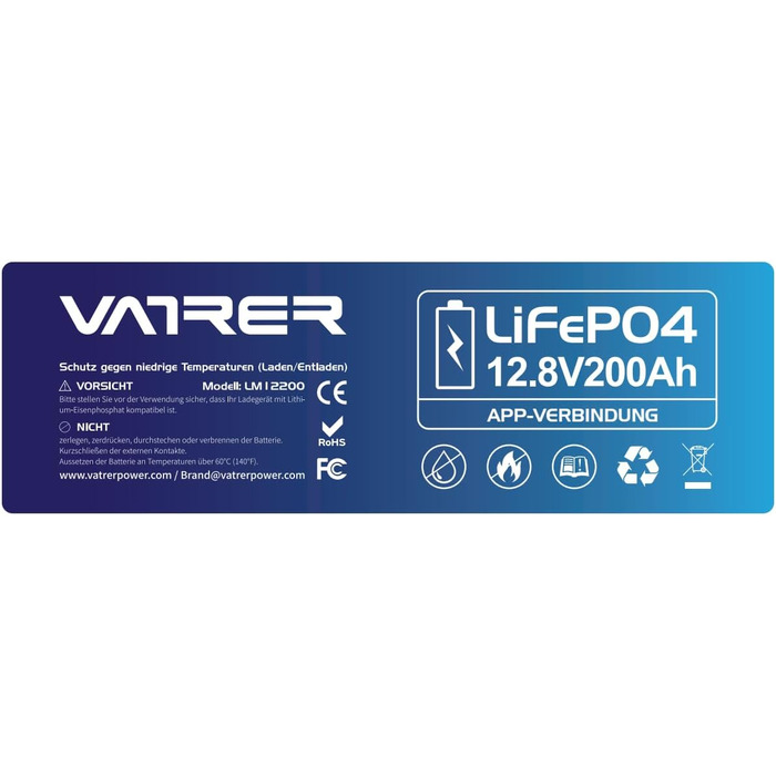 Літієва батарея VATRER POWER 12V 100AH LiFePO4 з Bluetooth, 100A BMS, 5000 циклів, 1280 Вт, захист від низької температури