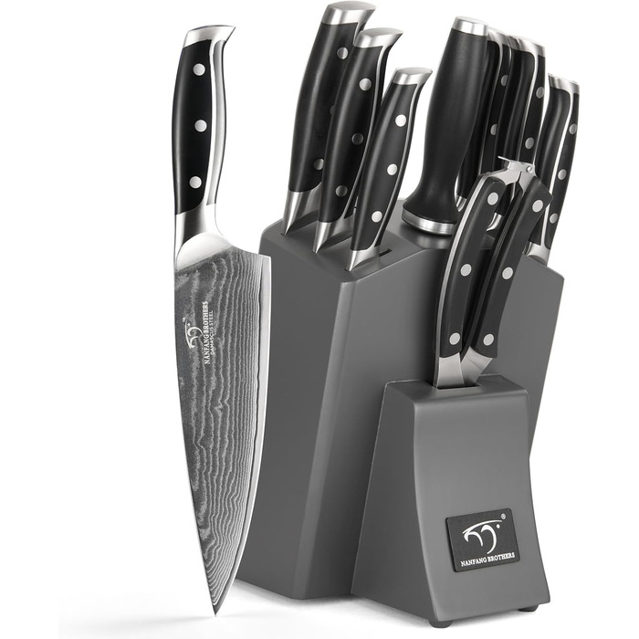 Набір кухонних ножів NANFANG BROTHERS 9 предметів з дамаської сталі, з дерев'яним блоком, нержавіюча сталь, сірий