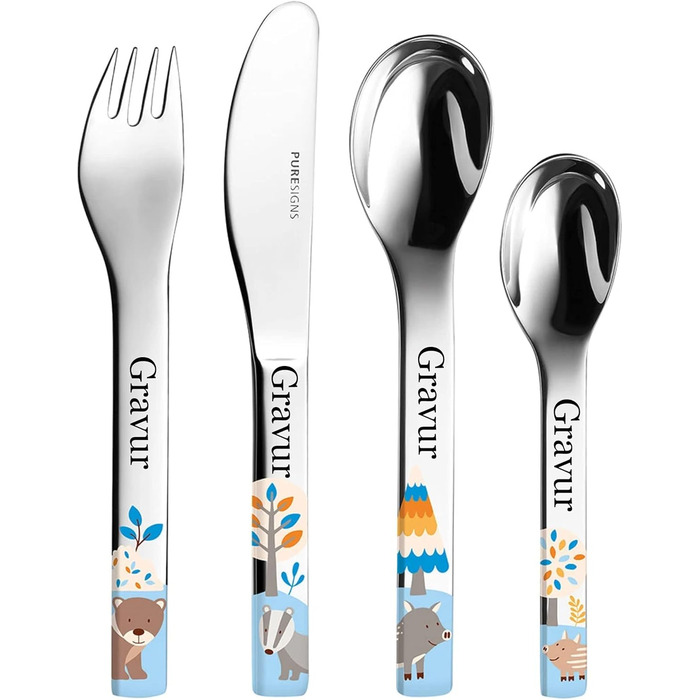 Дитячий набір посуду Kinderbesteck Friends з зображенням тварин та індивідуальною гравіюванням/іменем (лісові тварини: ведмідь, барсук, кабан)