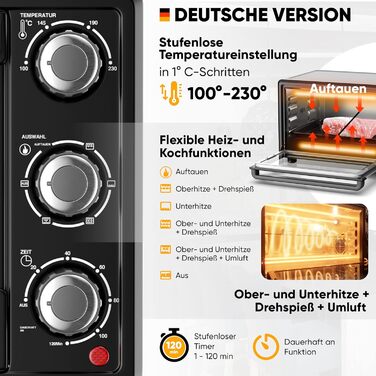 Міні-піч Stillstern Cyclone Pro+ 25L з конвекцією: духовка для приготування тостів, піци, гриля, з антипригарним покриттям, для кемпінгу