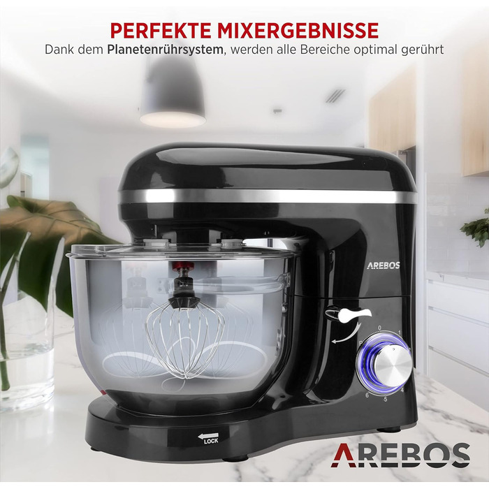Кухонна машина Arebos 1500W з чашею 6L з нержавіючої сталі, чорна | Змішувач, гак для тіста, вінчик | Кришка від бризок | 6 швидкостей | Кухонний комбайн | Машина для тіста