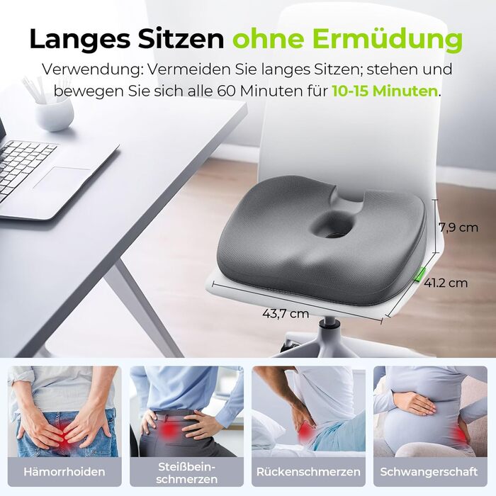Ортопедична подушка для сидіння AUVON: ергономічна подушка для геморою з отвором та U-подібним дизайном, для офісного крісла, авто, інвалідного візка, від болю в попереку та вагітності (B-сірий)