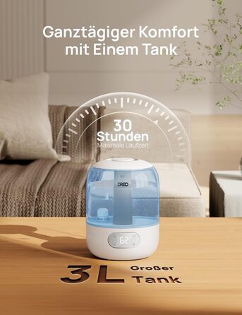 Зволожувач повітря Dreo для спальні, ультразвуковий холодний туман, 30 годин роботи, 3L резервуар з верхнім заповненням, датчик вологості, нічне світло для дітей, кімнати, рослин та дому (Blue)