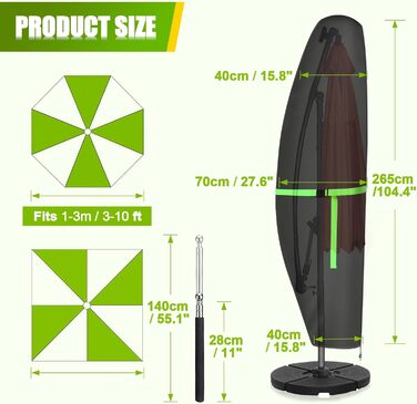Чохол для парасольки GEMITTO, захисна оболонка для парасольки з ніжкою, водовідштовхувальний, 280x30x81/46см, для парасоль-маркетів (2-4м), 420D, захист від сонця та вітру