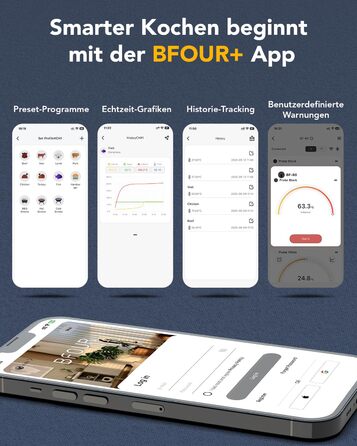 Бездротовий термометр для м'яса BFOUR BF-80 з Bluetooth та Wi-Fi, 2 зонди, 6 сенсорів, IP67 водонепроникний, сенсорне управління, APP-керування, термометр для приготування BBQ, духовки та гриля