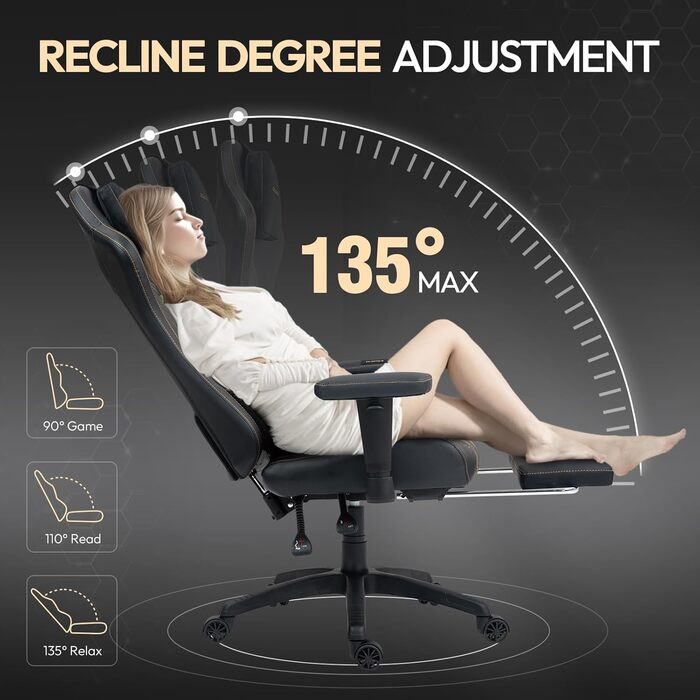 Ігровий крісло Dowinx з масажем та підігрівом, дихаюча спинка, регульоване, з підніжкою, підтримка спини та шиї, чорно-білий (чорний з золотом)