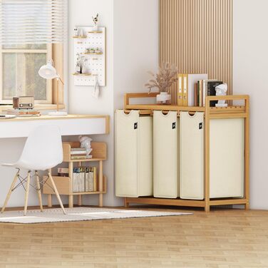 Кошик для білизни AdelDream 150L з 3 відділеннями, висувні полиці та знімний мішок для білизни, бамбуковий каркас, бежевий