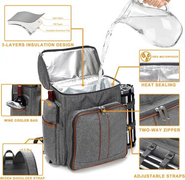 Набір для пікніка на 4 особи: рюкзак, корзина, сумка-холодильник, ковдра, для кемпінгу, парку (сірий)