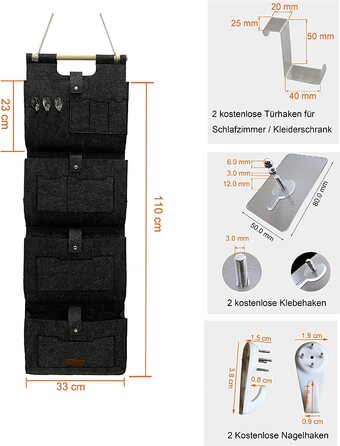 Підвісний органайзер для дверей і стін, домашній органайзер для підвішування, настінна сумка, сумка для посуду, підвісна сумка для зберігання речей в гардеробній, ванній, кухні багатофункціональні сумки 3 брелока (4 кишені, антрацит)