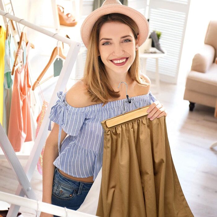 Дерев'яні вішалки для штанів та одягу House Day: 25 вішалок для спідниць, 11 для штанів, білі, з кліпсами, 360° обертання, 35,5 см (натуральне дерево)