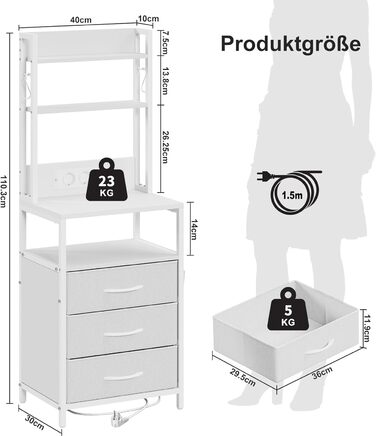 Нічний столик з підзарядкою та LED, бічний столик з 3 висувними ящиками з тканини, тумбочка з полицею для книг, відкрите відділення, 2 розетки AC, USB та Type C порти, для спальні, вітальні, офісу (40x30x60 см, Білий, 1)