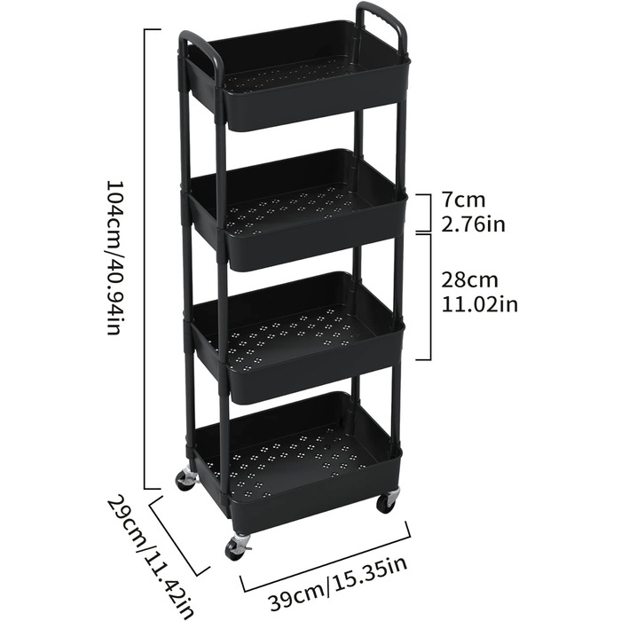 Рівневий кухонний візок Sywhitta, рулонний візок для зберігання з ручкою, багатофункціональний, 4-рівневий, чорний, 3-
