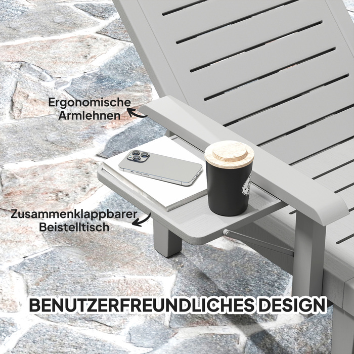 Шезлонг для саду з бічним столиком, імітація дерева, з 5-позиційним регулюванням спинки, світло-сірий